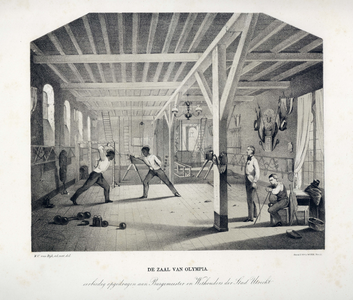 31535 Afbeelding van enkele schermers in de sportzaal van de Studenten Gymnastiek- en Schermvereniging Olympia in het ...